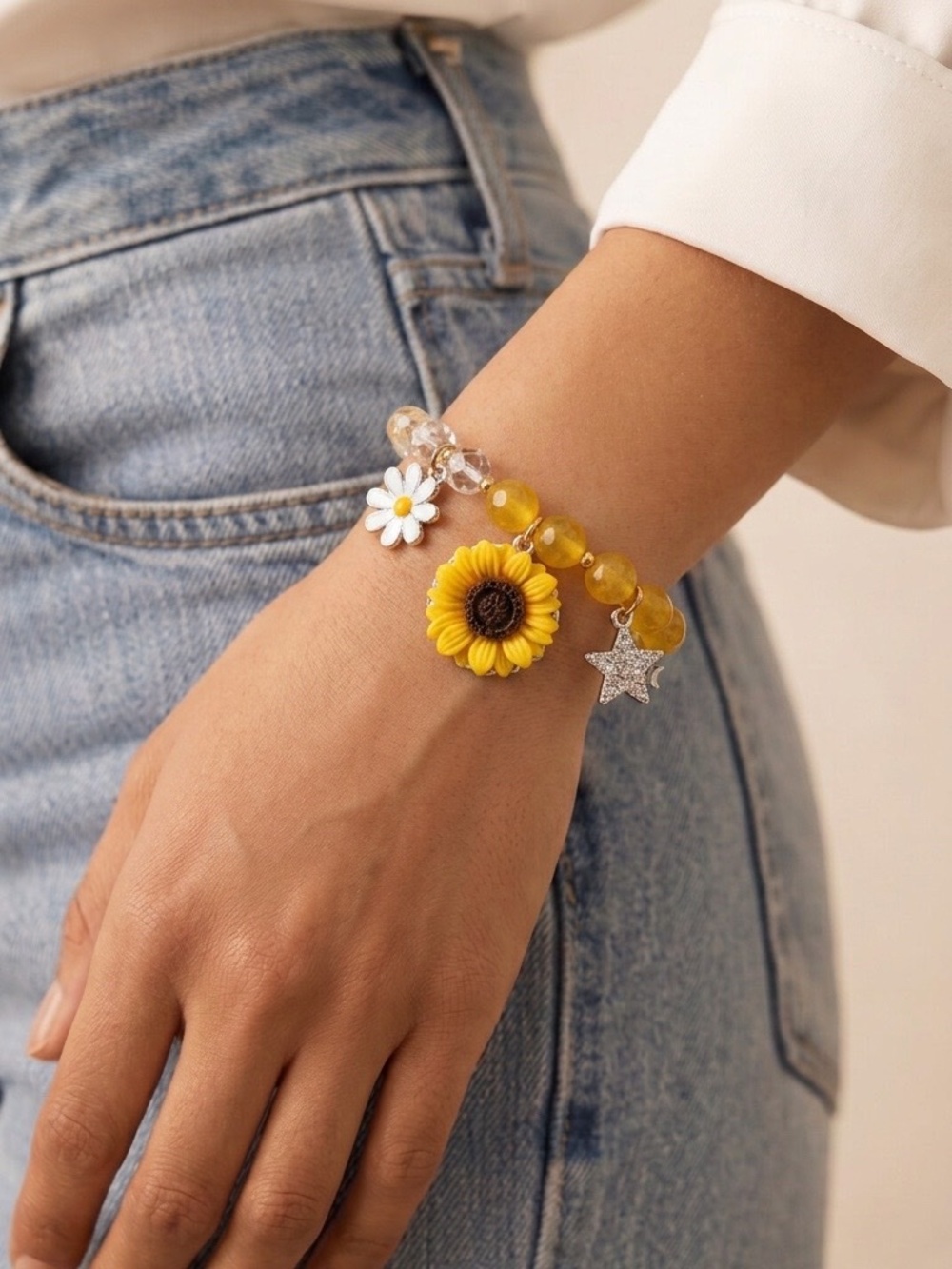Yellow Sunflower & Daisy Charm Beaded Bracelet for Small Wrists